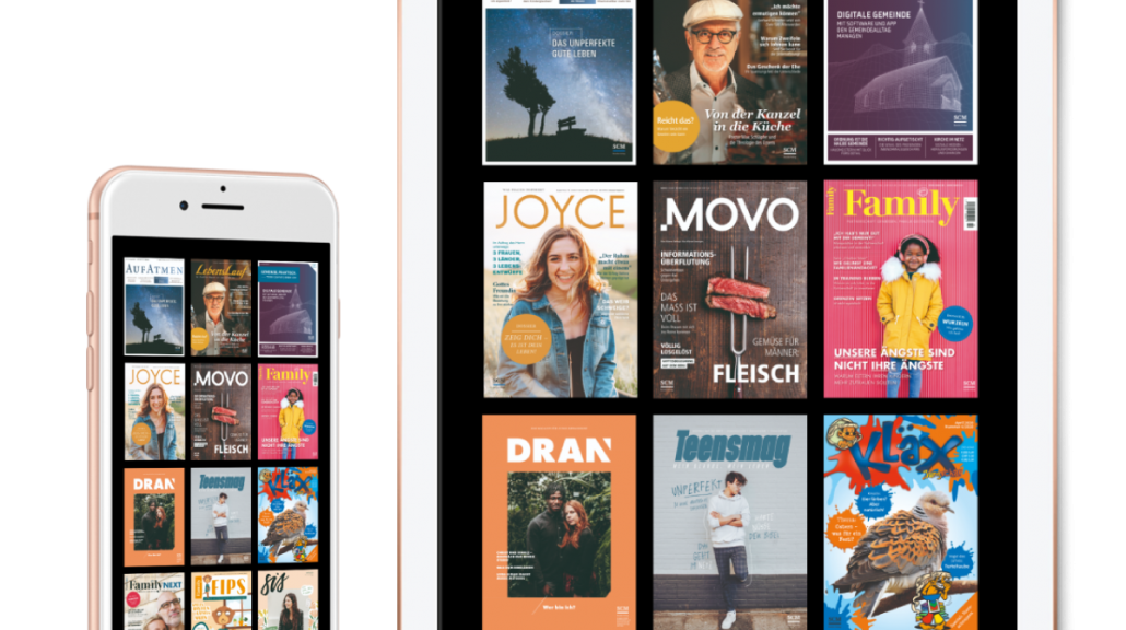 Smartphone und Tablet mit digitalen Zeitschriften des SCM verlages